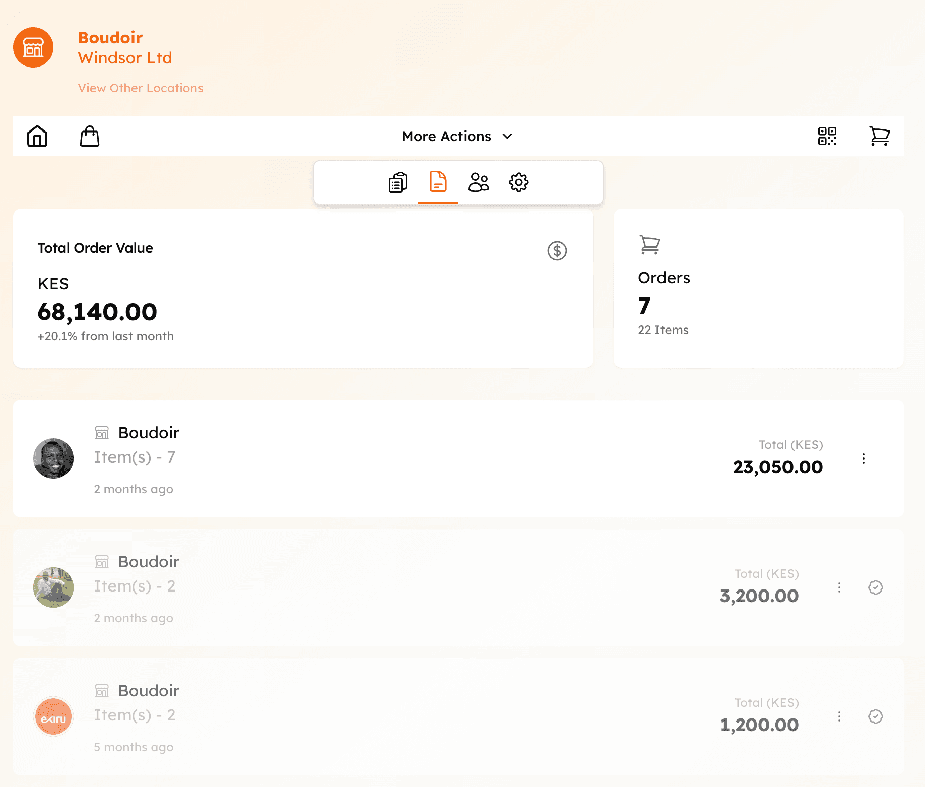 Orders overview with order values and items