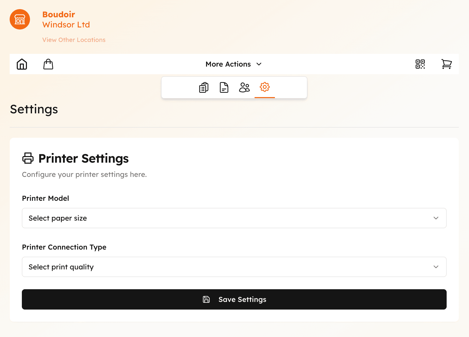 Settings screen for printer configuration